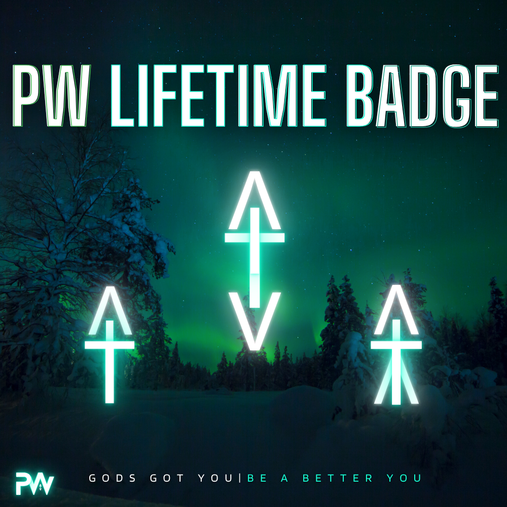 Digital graphic with 'PW Lifetime Badge' text and symbols against a night sky with trees.